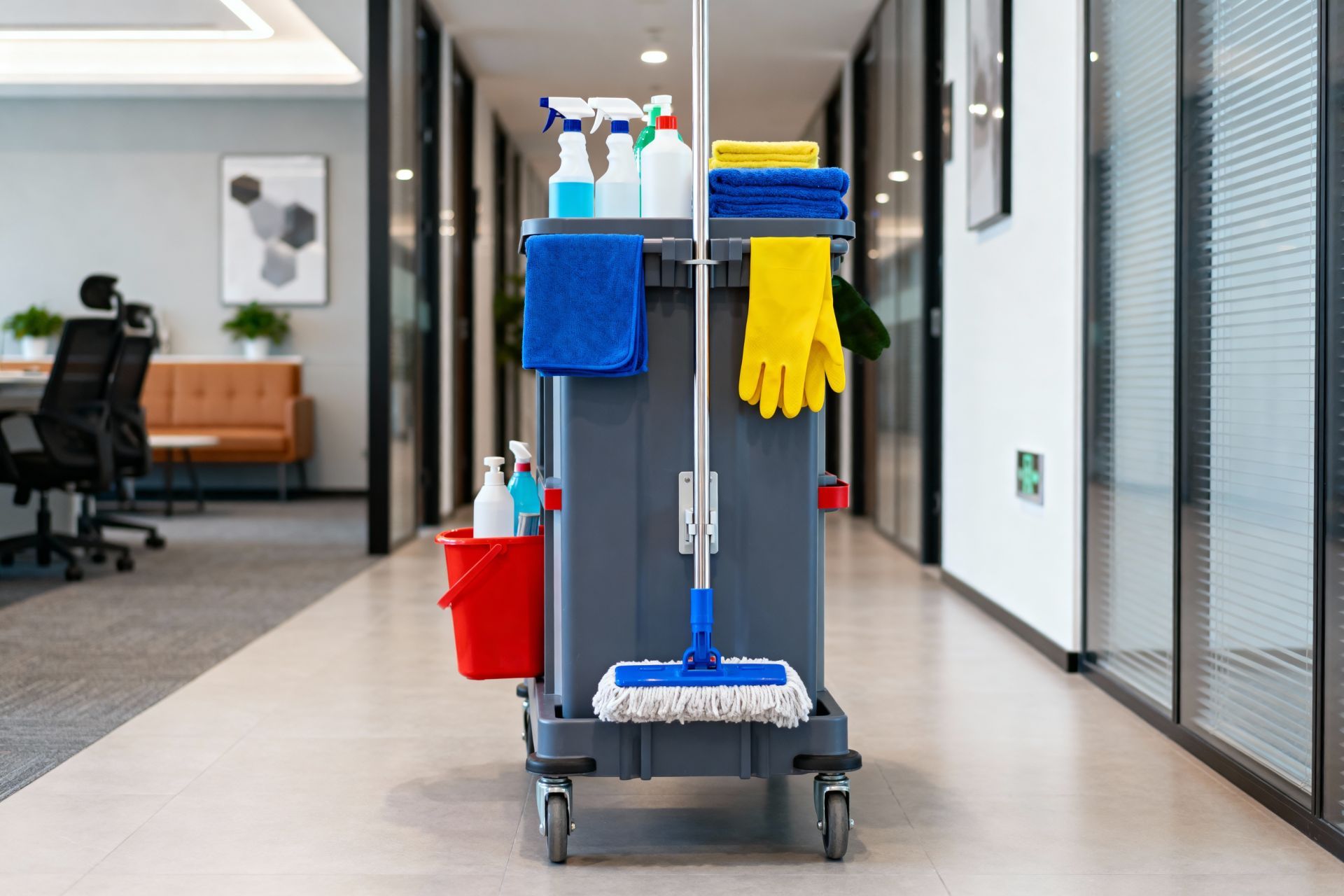 A gray janitorial cleaning cart stocked with spray bottles, cleaning cloths, yellow gloves, and a mop in an office hallway.