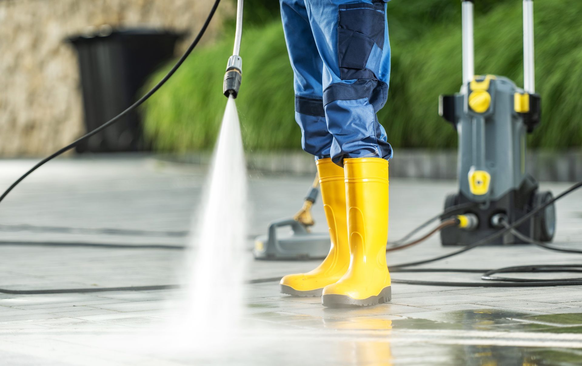 A person in blue work pants and yellow rubber boots uses a high-pressure water sprayer to clean a concrete surface.