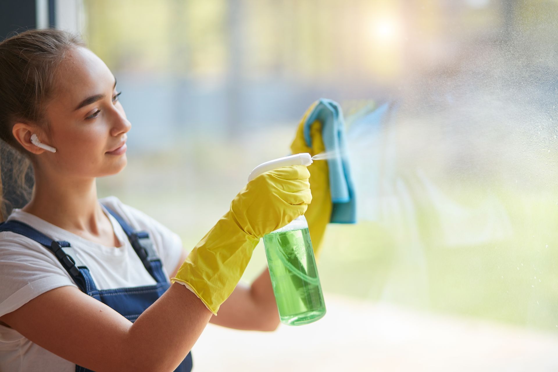 A person wearing yellow rubber gloves sprays cleaning solution onto a window, holding a blue cloth in their other hand.
