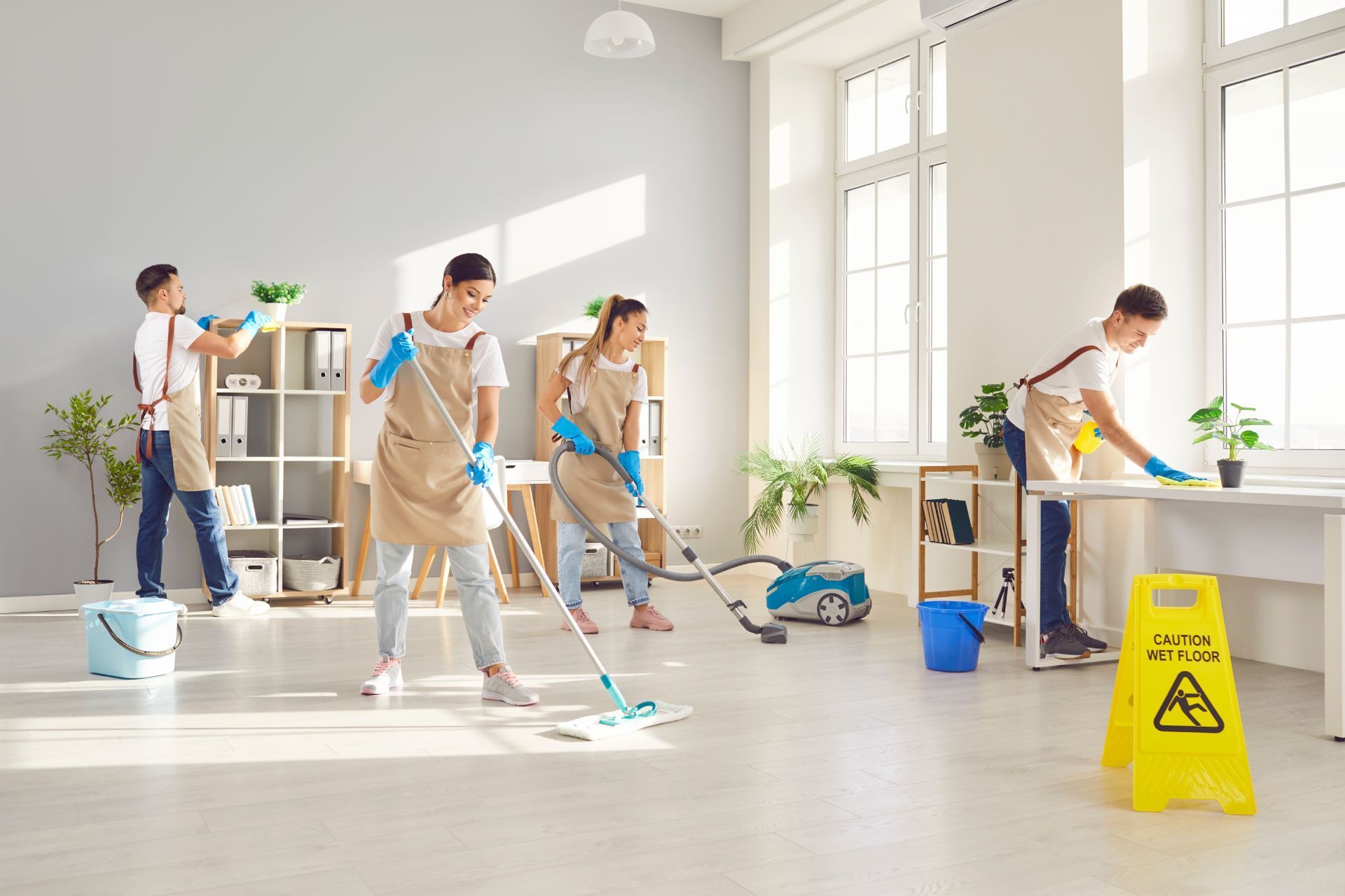 Four cleaning staff in aprons and gloves clean a bright, modern office with a mop, vacuum, and cleaning supplies.