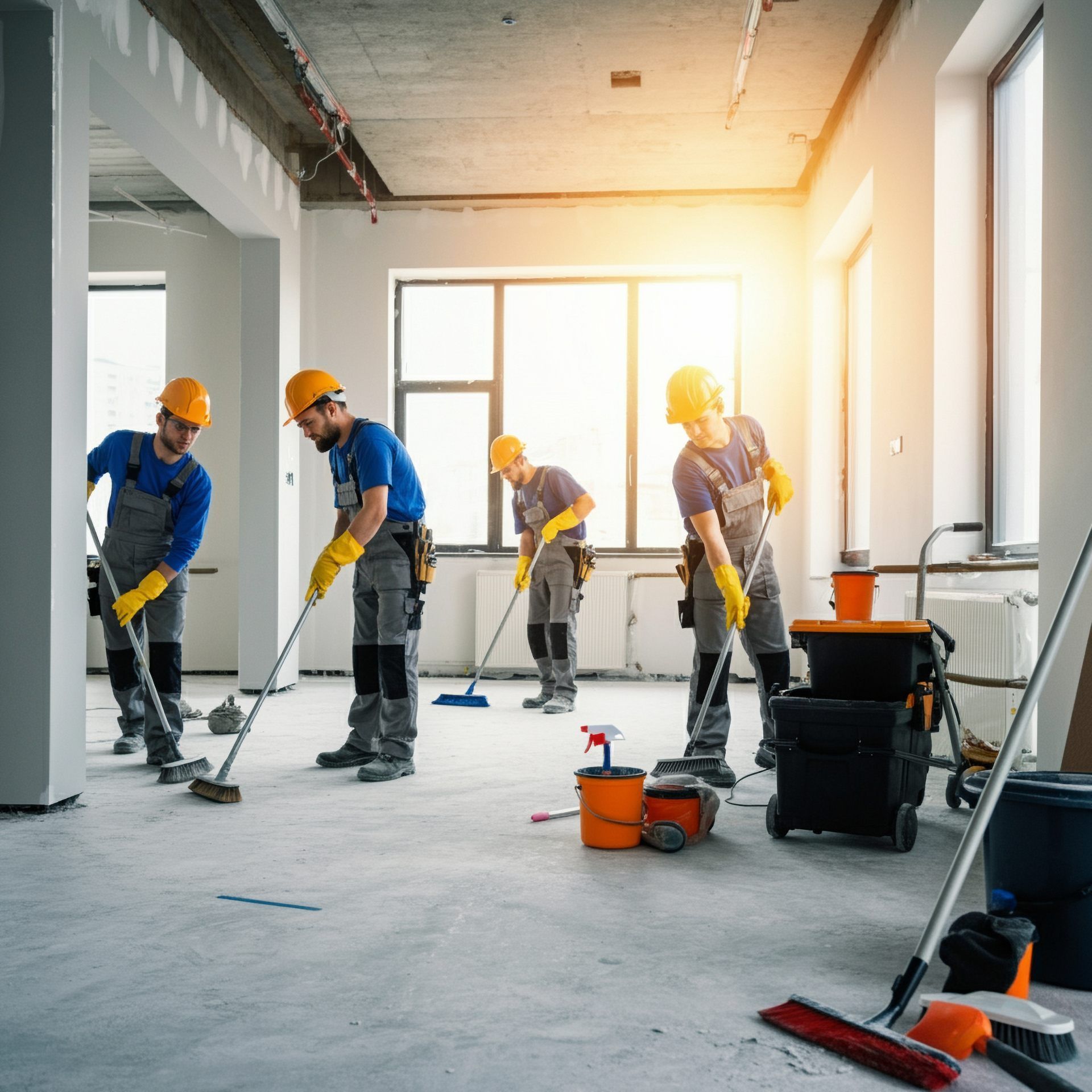 Four workers in hard hats and high-visibility vests sweep the concrete floor of a sunlit, unfinished office space.
