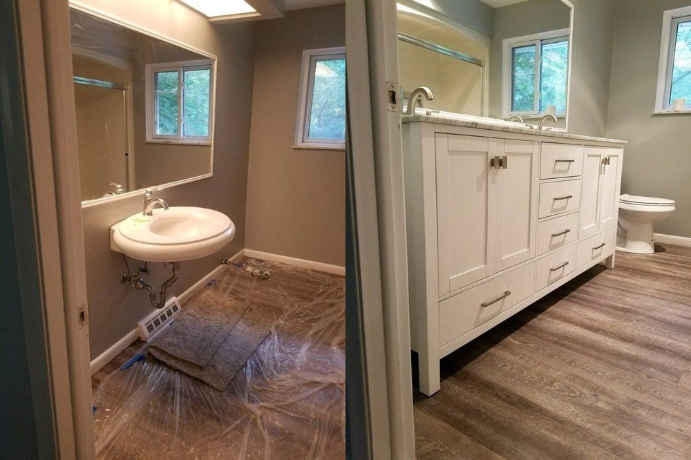A bathroom with a sink and a toilet before and after being remodeled.