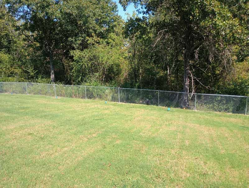 Chain-link fence separates a grassy lawn from a wooded area with trees and shrubs.
