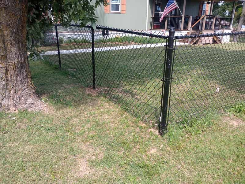 Black chain-link fence in a grassy yard, with a tree on the left and a house in the background. An American flag is attached to the fence.
