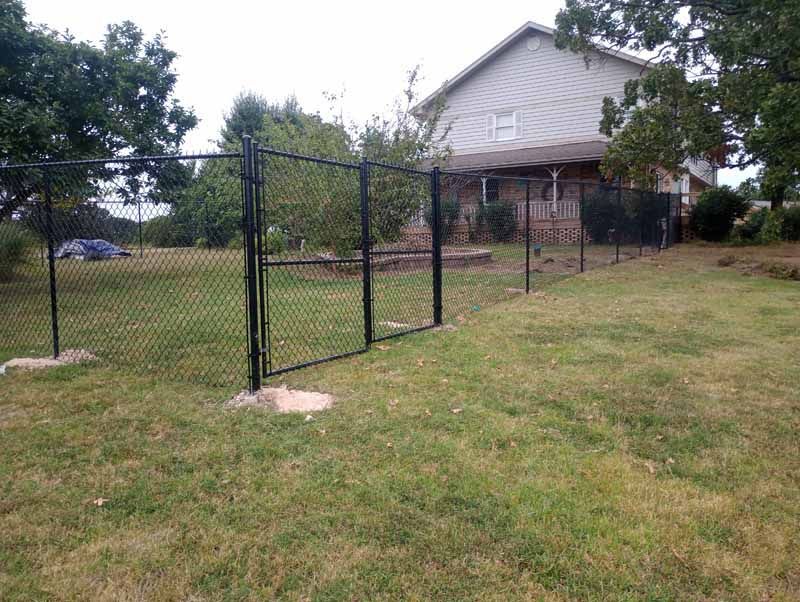 Black chain-link fence with gate in front yard of a house, set on green grass.