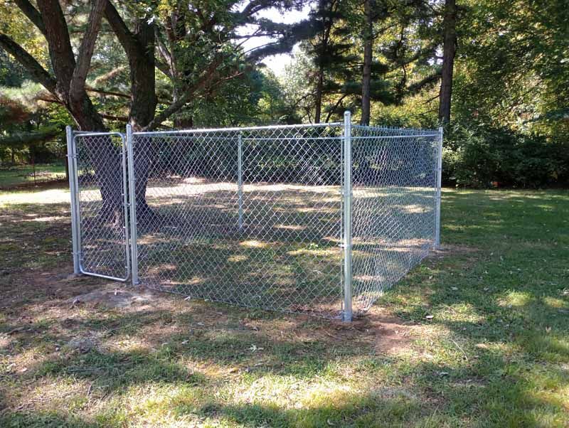 Chain link fence enclosure in a grassy yard, partially surrounded by trees.
