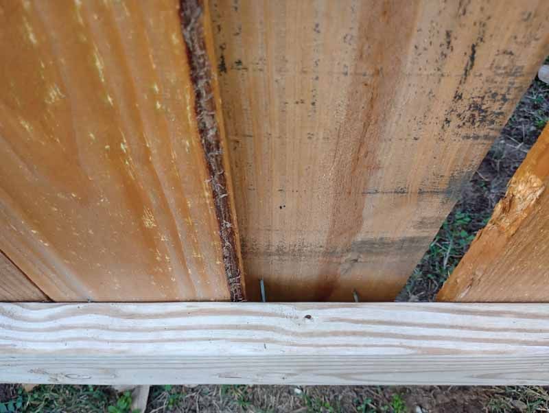 Wooden fence planks with a visible gap, viewed from a low angle.