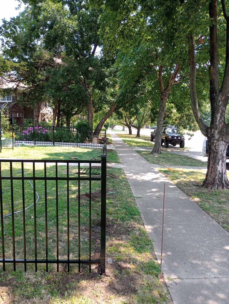 A sidewalk lined with trees, black fence on the left, parked cars on the right, sunny day.
