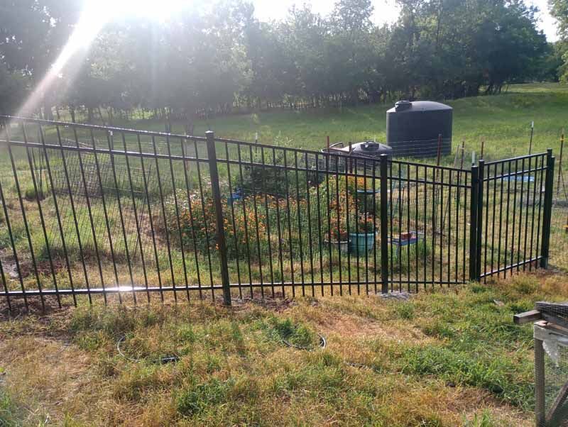 Black metal fence encloses a garden area, with a water tank in the background under a sunny sky.