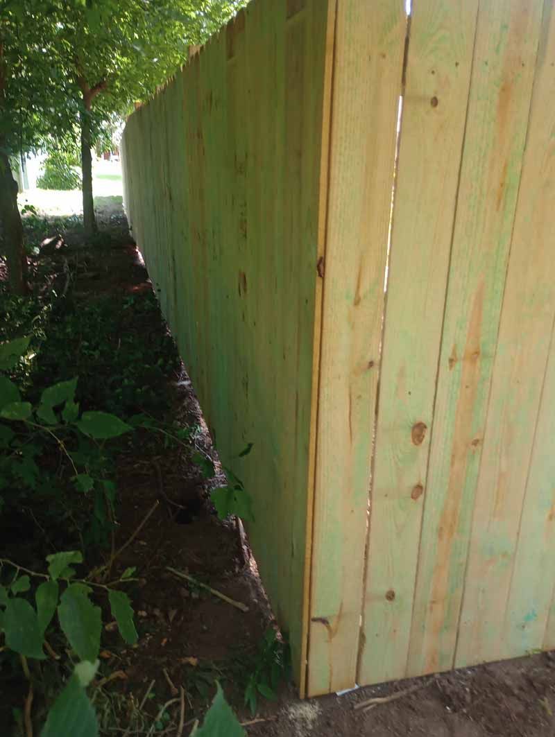 Wooden fence in sunlight along a narrow strip of dirt and foliage.