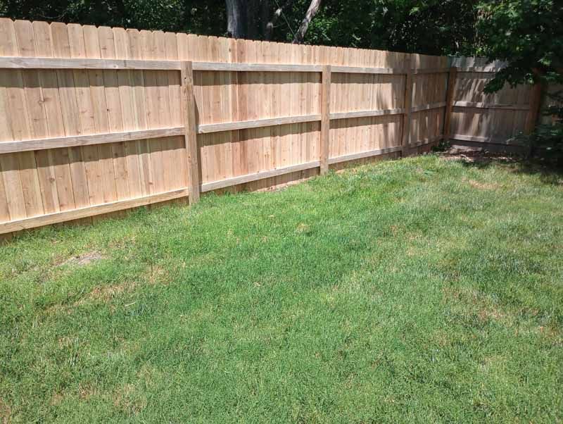 Wooden fence in a grassy yard, partially shaded by trees.