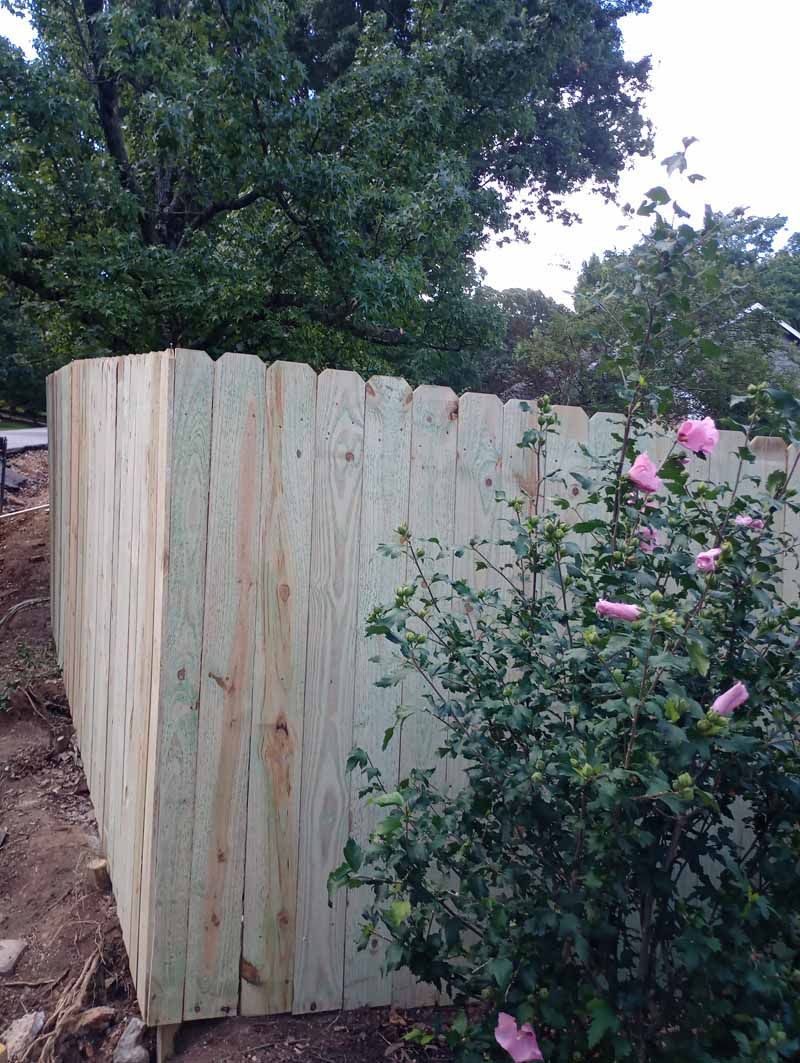 Wooden fence corner, green foliage and pink flowers in the foreground.