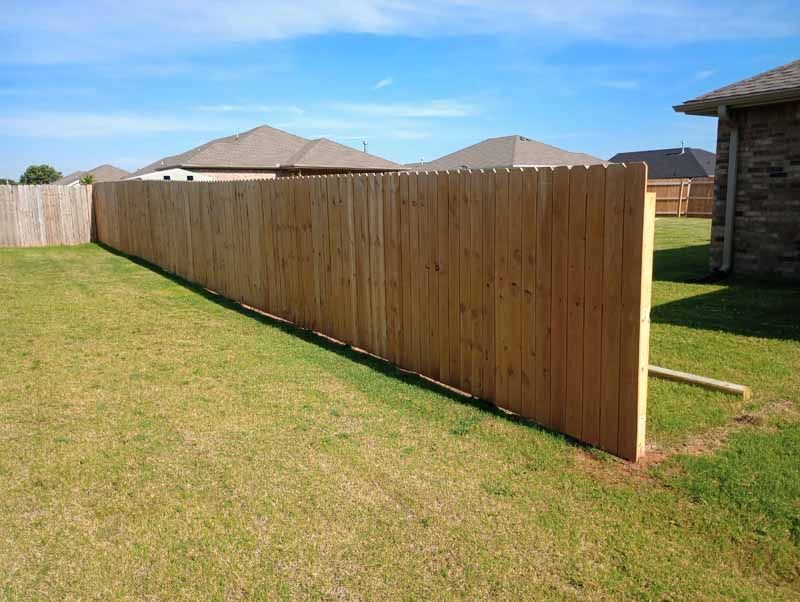 Wooden fence in backyard on a sunny day.
