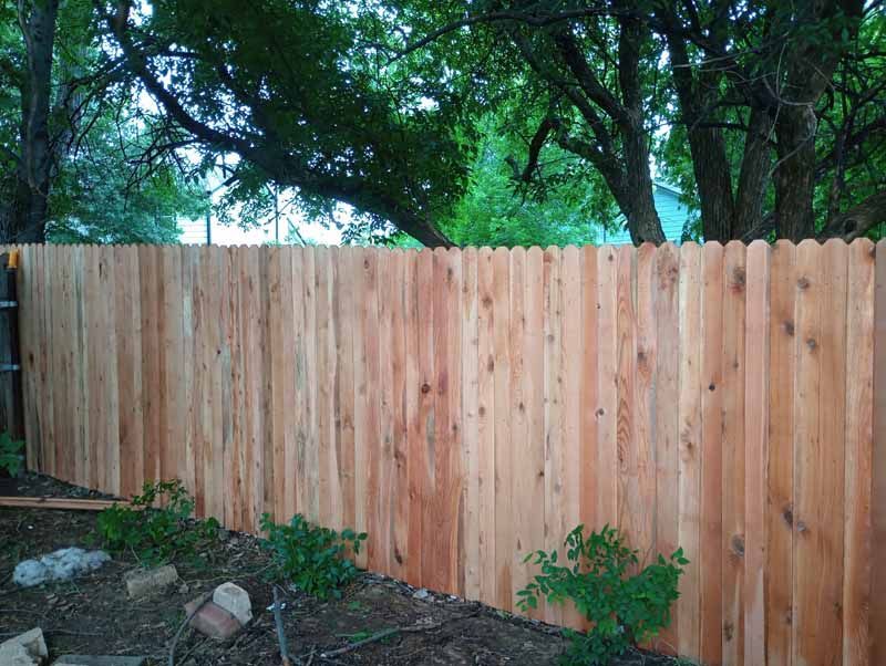 Wooden fence with scalloped top, built in a yard with trees.