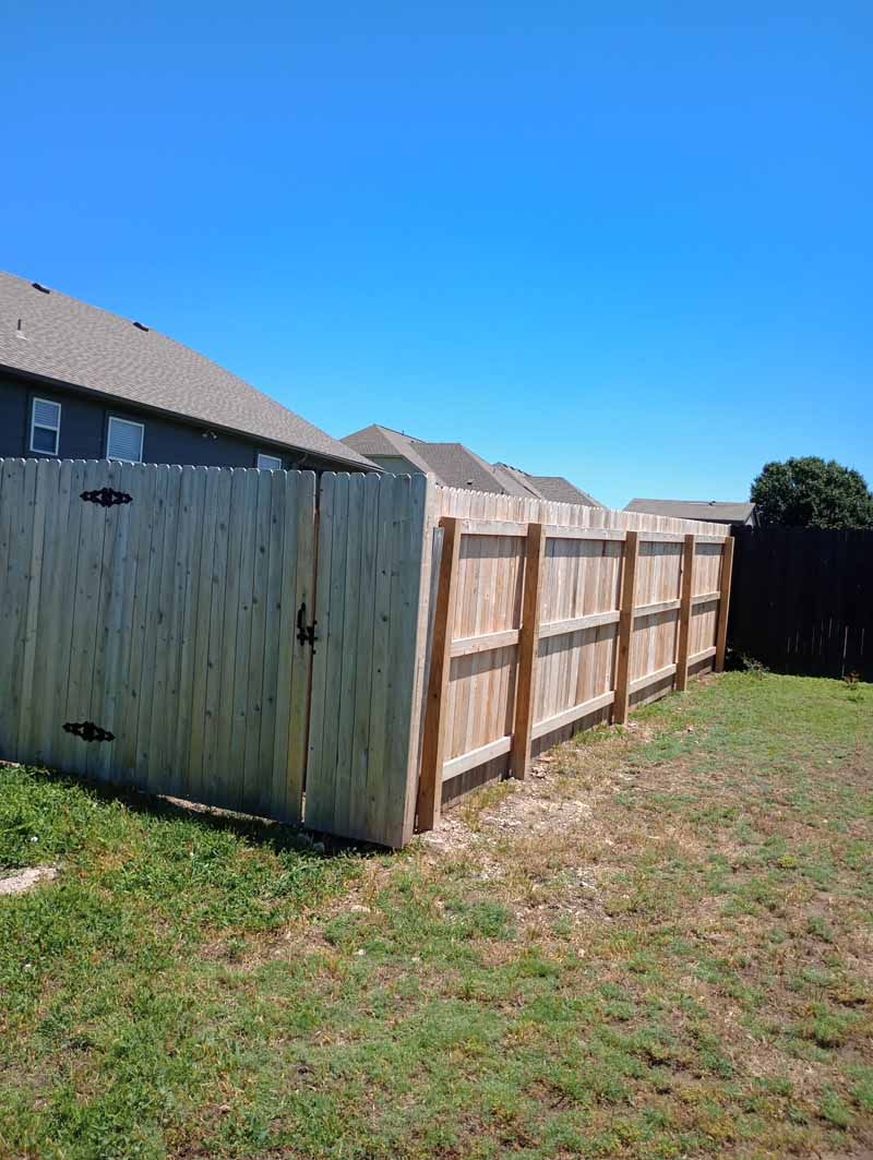 Wooden fence with a gate in a backyard on a sunny day.