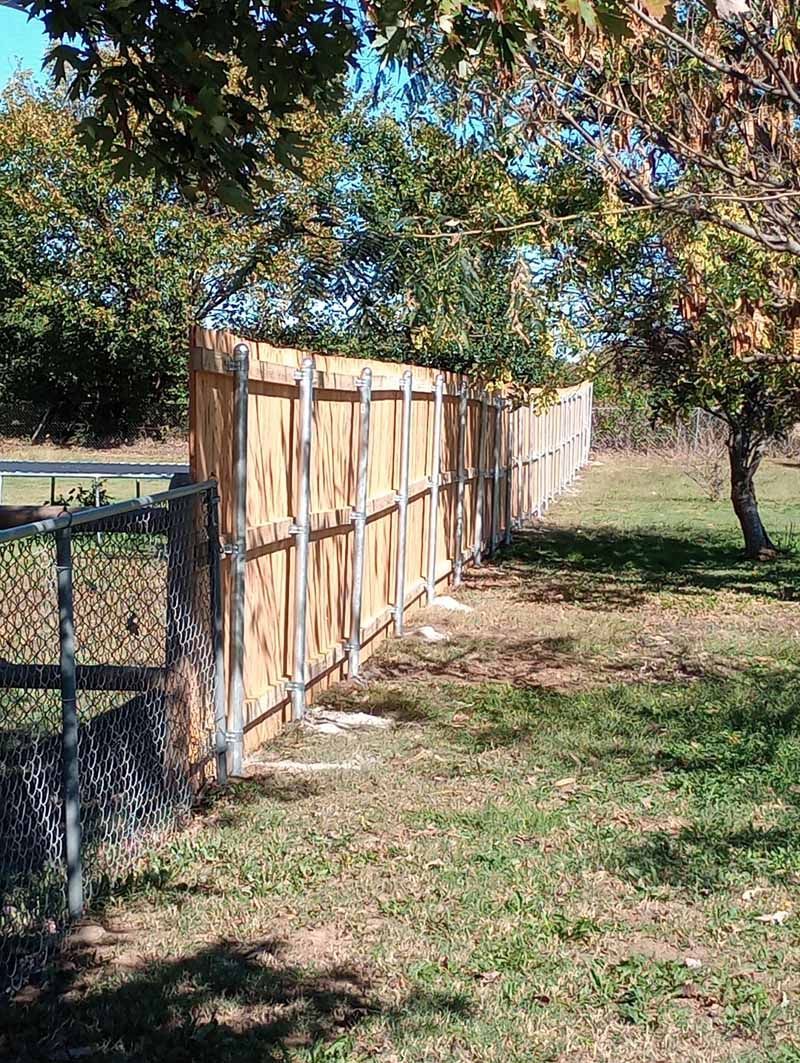 Fence, partially covered with wood panels, alongside chain-link. Grassy ground, trees in background.