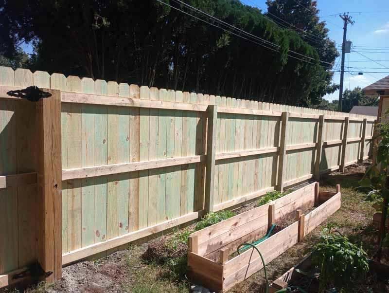 Wooden fence with a gate, next to a garden bed, in a sunny backyard.