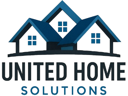 Logo of United Home Solutions: blue house silhouettes over dark blue text, "United Home Solutions."