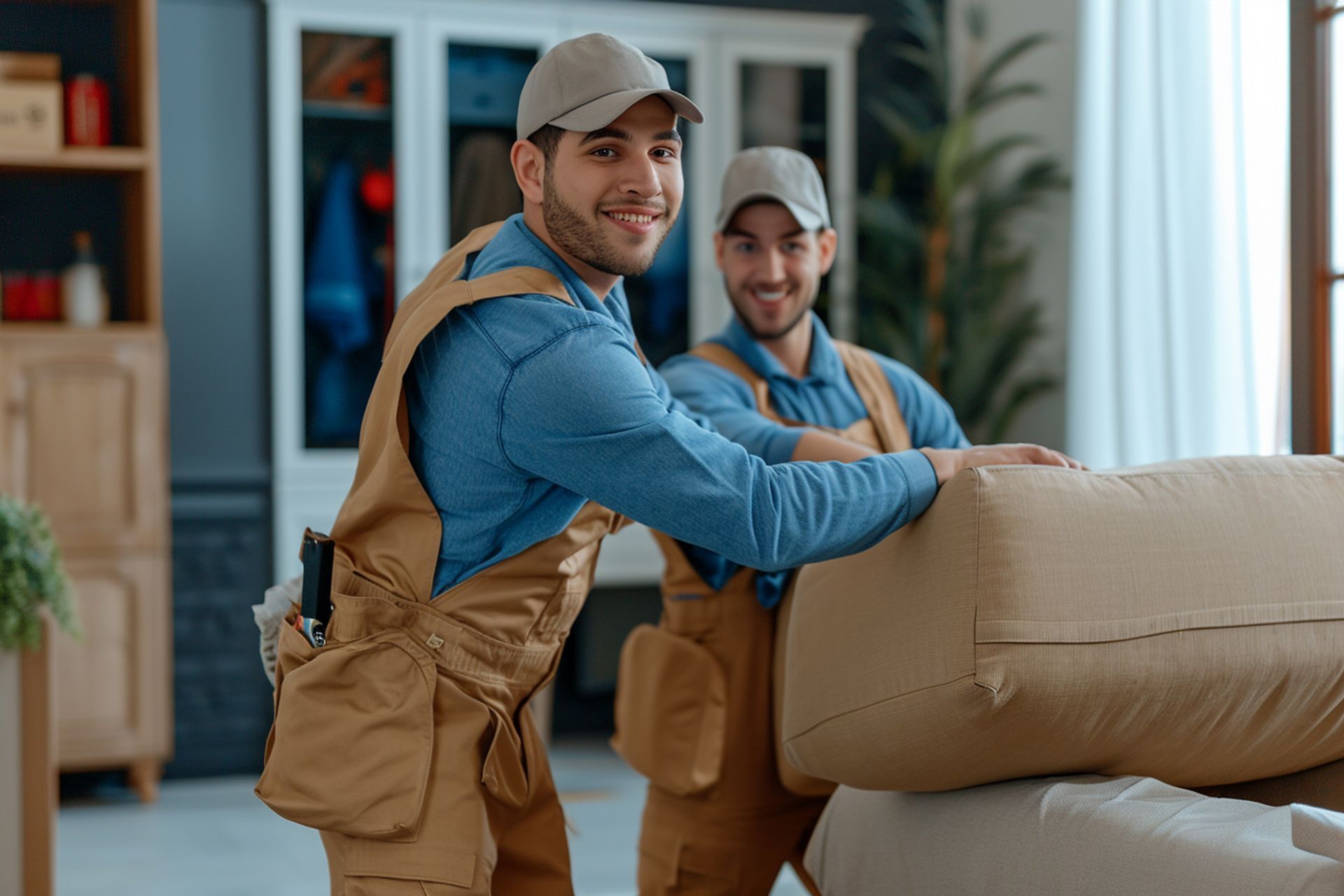 Two men are moving a couch in a living room.