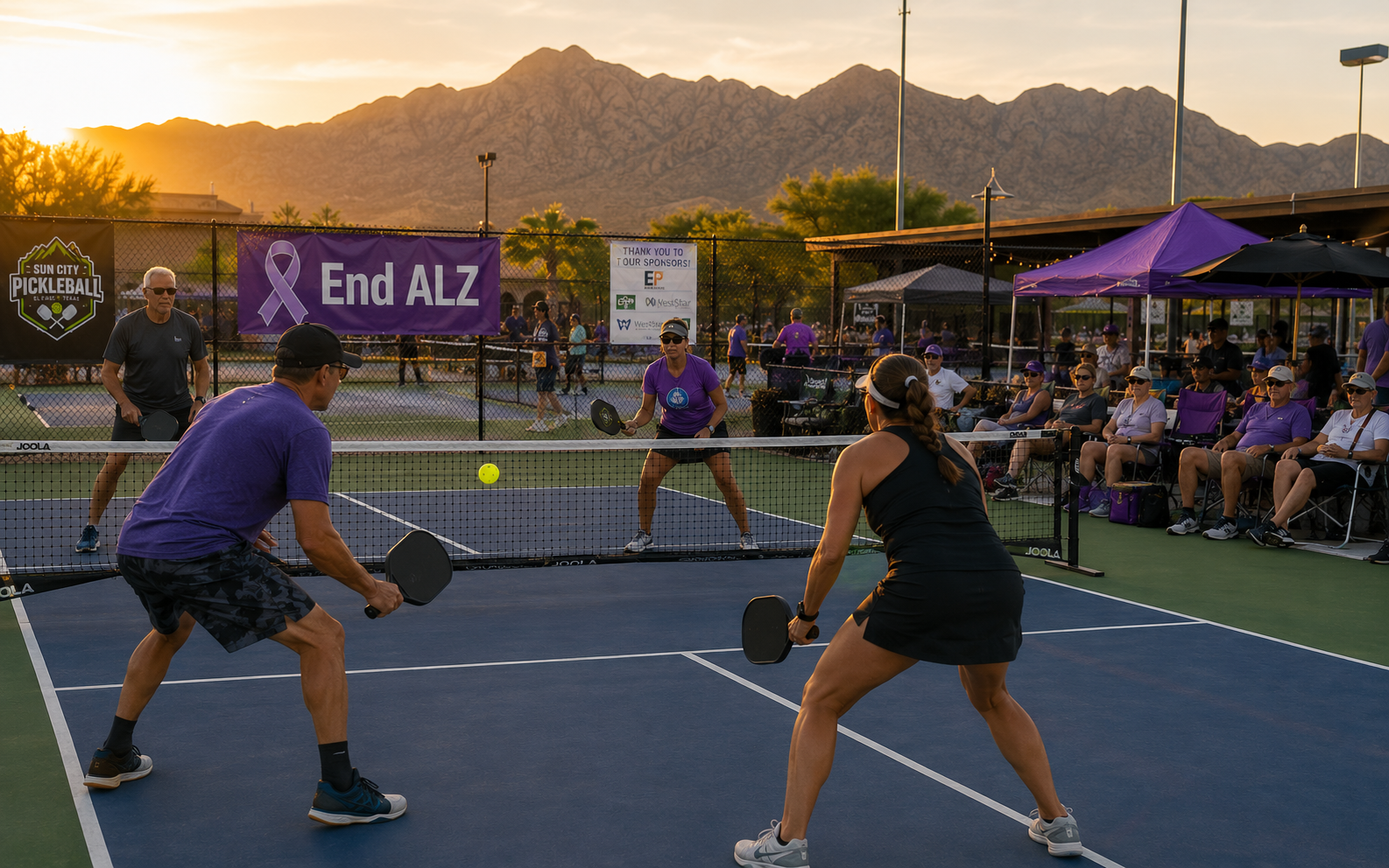 End ALZ pickleball tournament El Paso players competing for a cause at Sun City Pickleball Club.
