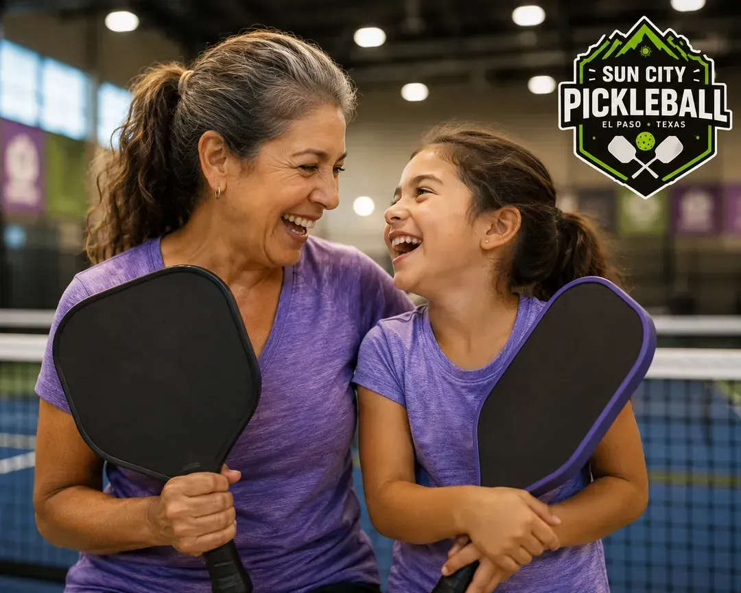 Family pickleball El Paso players sharing a doubles game at Sun City Pickleball Club.