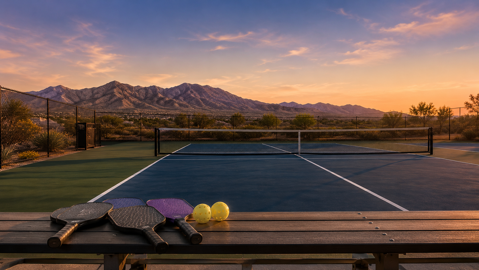 Outdoor pickleball court at sunset in El Paso, with the Franklin Mountains in the background and paddles ready on a courtside bench at Sun City Pickleball Club