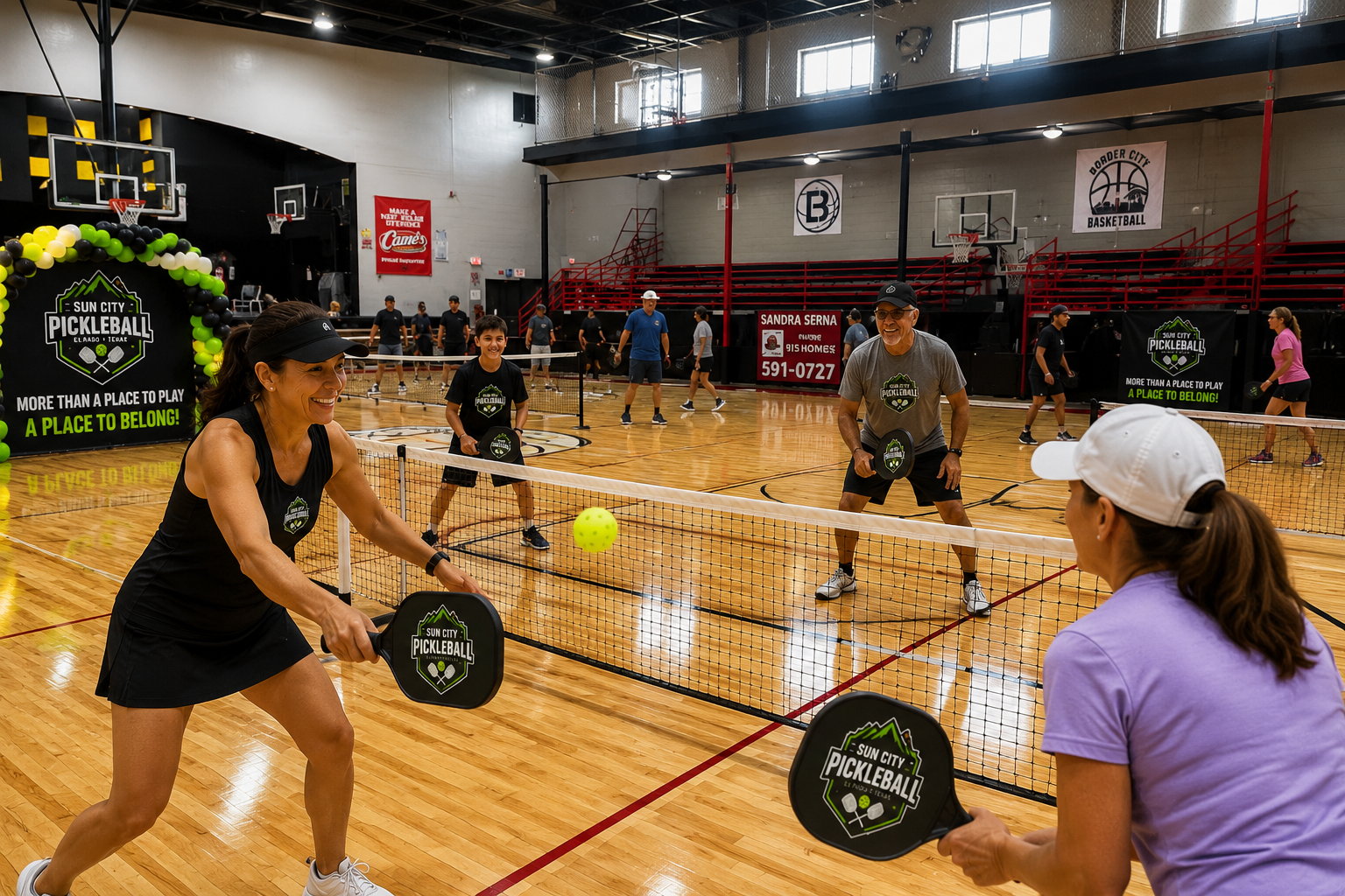 Pickleball Northeast El Paso players in a doubles match at Sun City Pickleball Club.