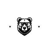 A black and white drawing of a bear wearing glasses.