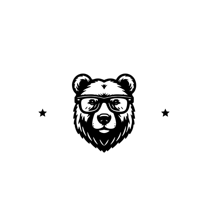 A black and white drawing of a bear wearing glasses.