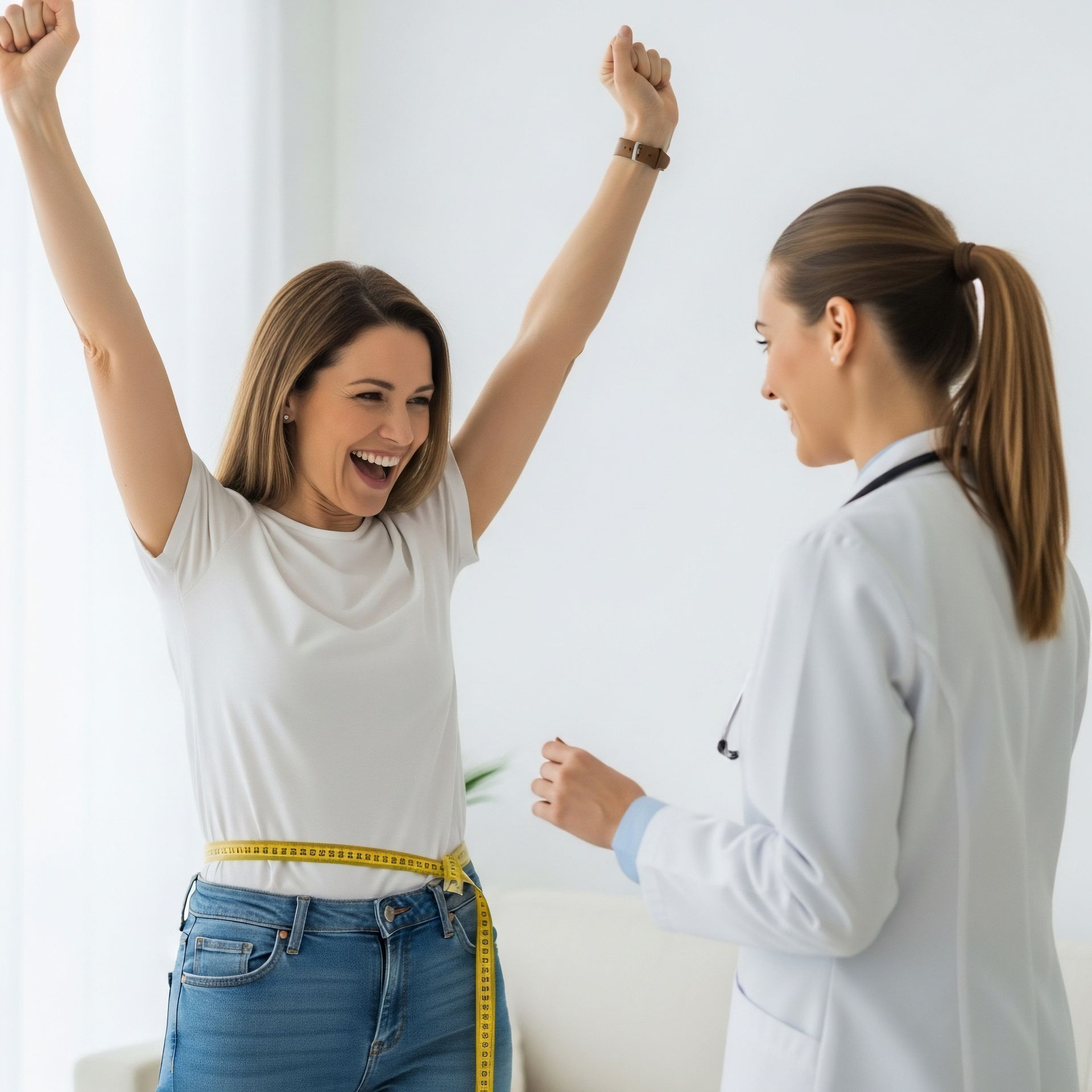 Woman celebrating weight loss progress during medical consultation at weight loss clinic.