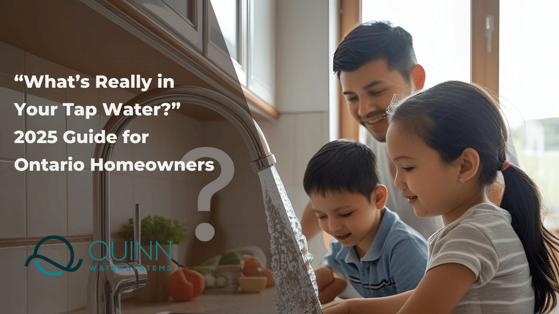 Family in a kitchen, pouring water from the tap