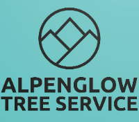 Alpenglow Tree Service logo: black mountain outline inside a circle, on a teal background. Text below: "Alpenglow Tree Service."