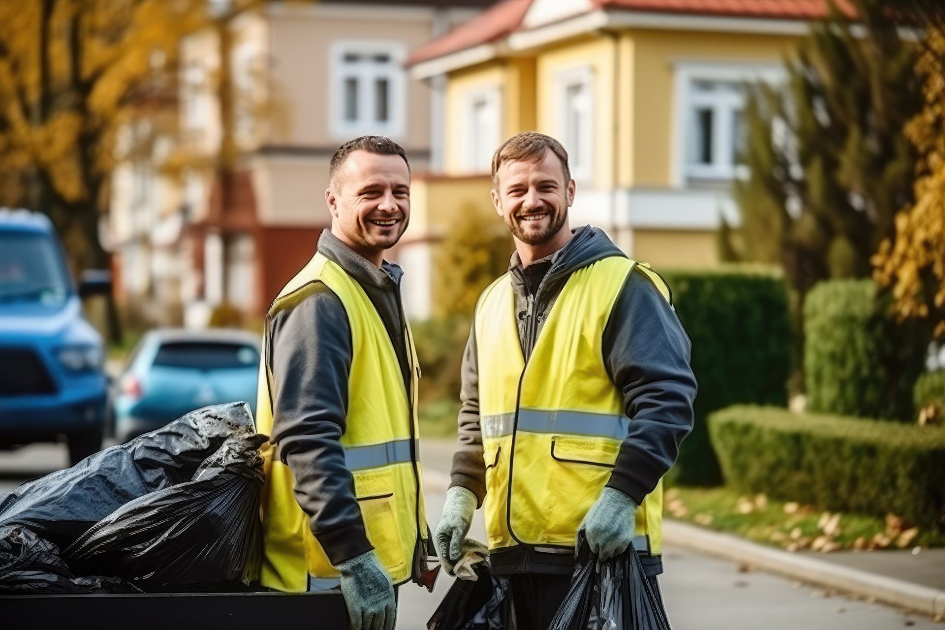 Two sanitation workers in yellow vests holding trash bags on a suburban street