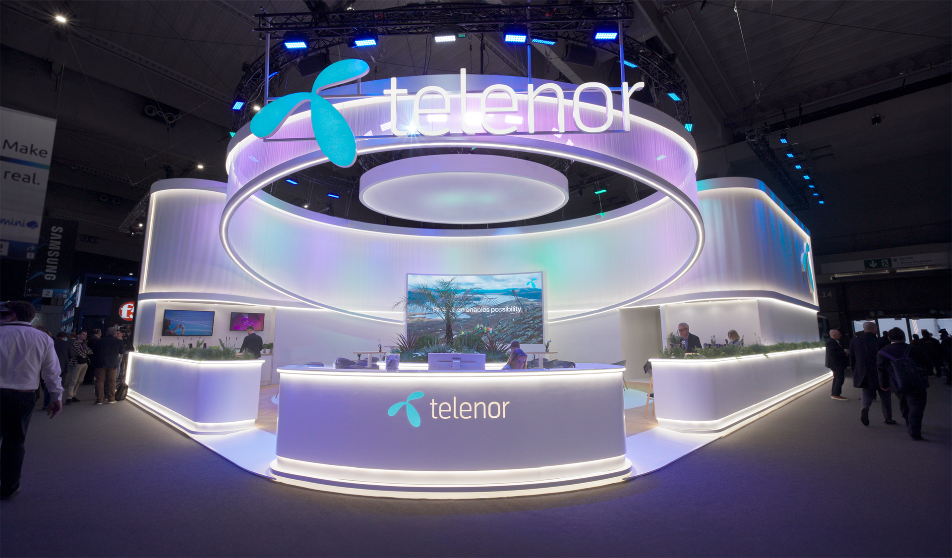 Front on view of the Telenor stand at MWC 2026