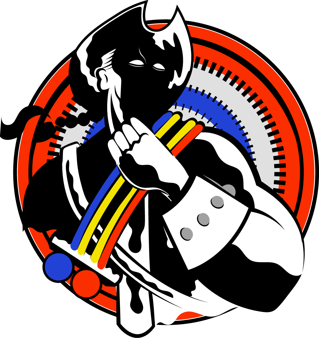 Silhouette figure in a red circle with colorful arcs across the chest, and white cuffs.