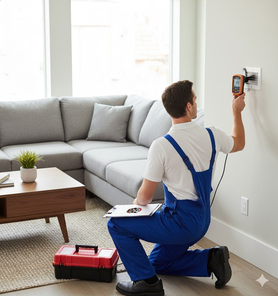 A brick house with lit landscaping and a walkway. Two people stand near the front door.