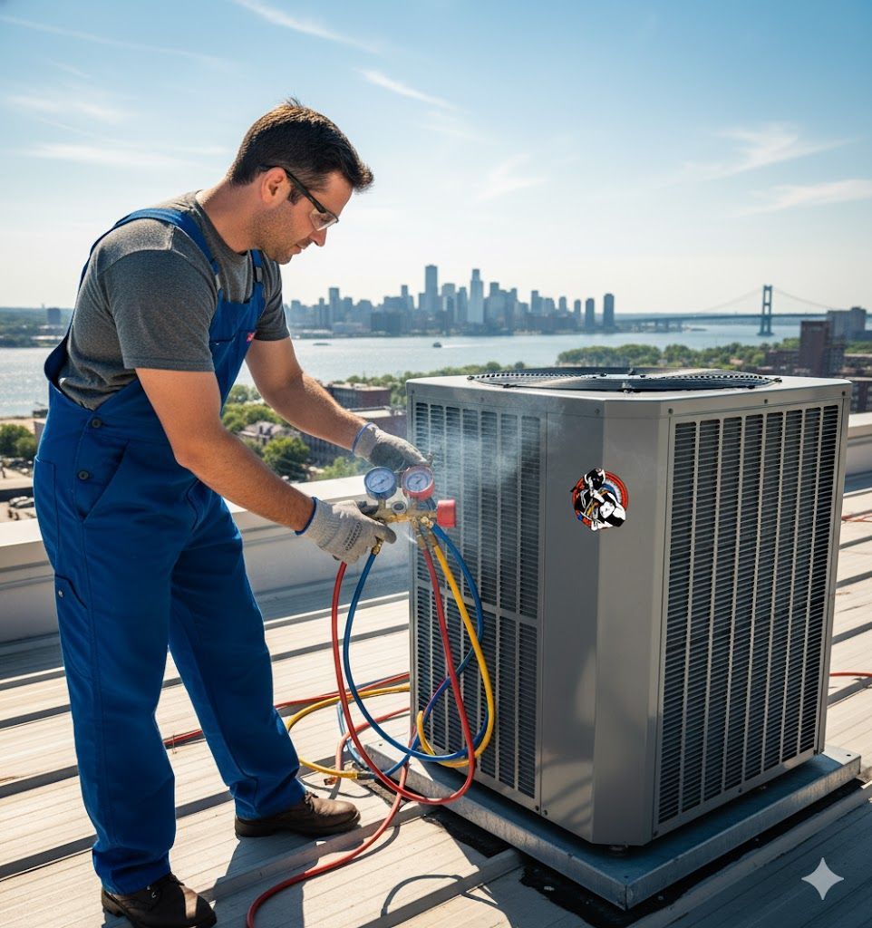 Electrician in yellow hard hat, overalls, black gloves works on electrical panel. Window in background.