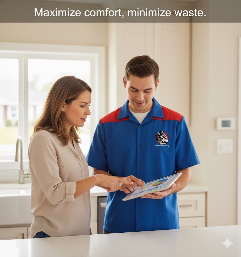 A brick house with lit landscaping and a walkway. Two people stand near the front door.