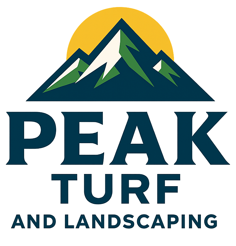 Logo: Mountain range with a sun, text "PEAK TURF AND LANDSCAPING" below.