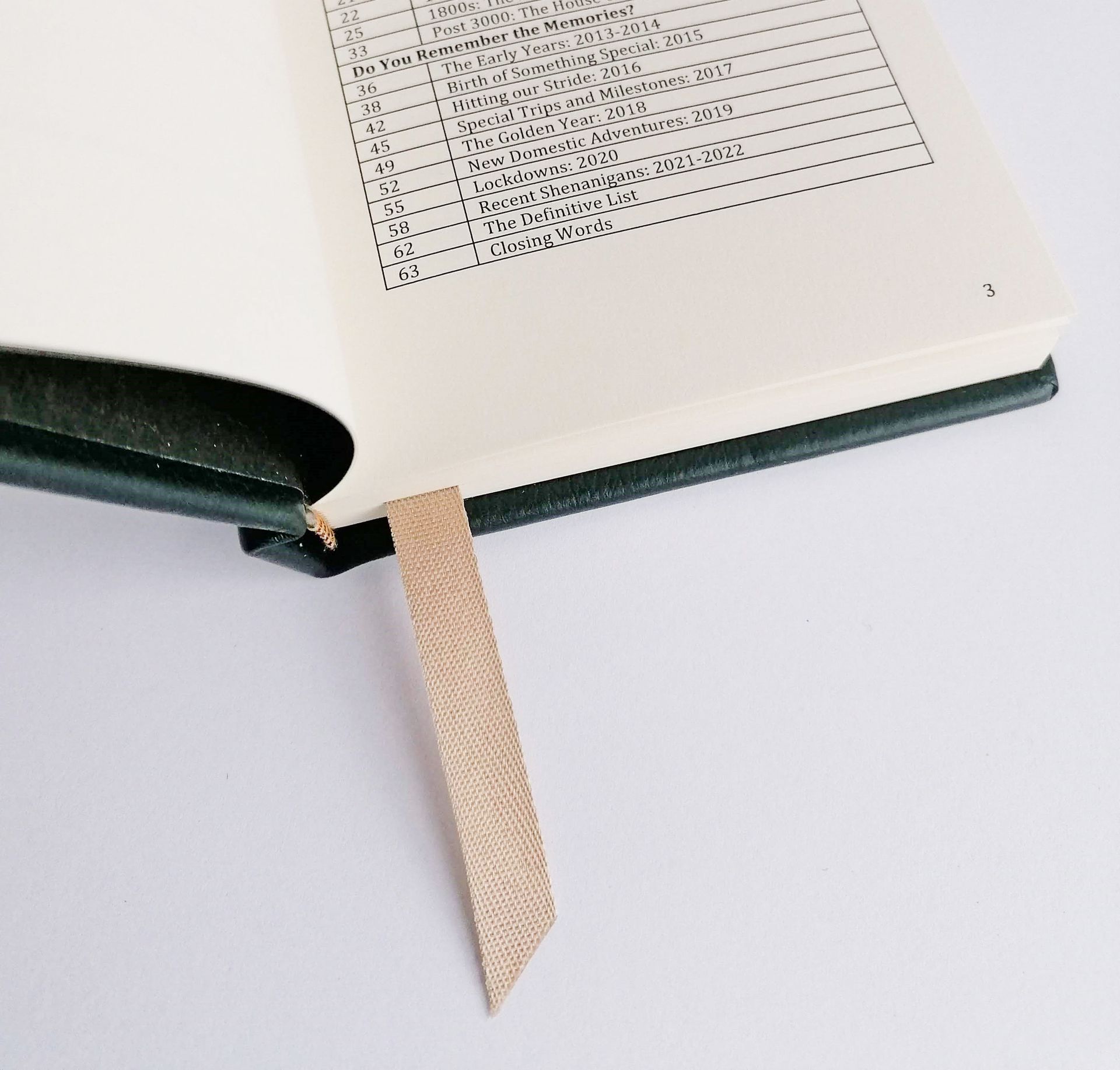 The image shows the book opened at a contents page. The paper is cream in colour