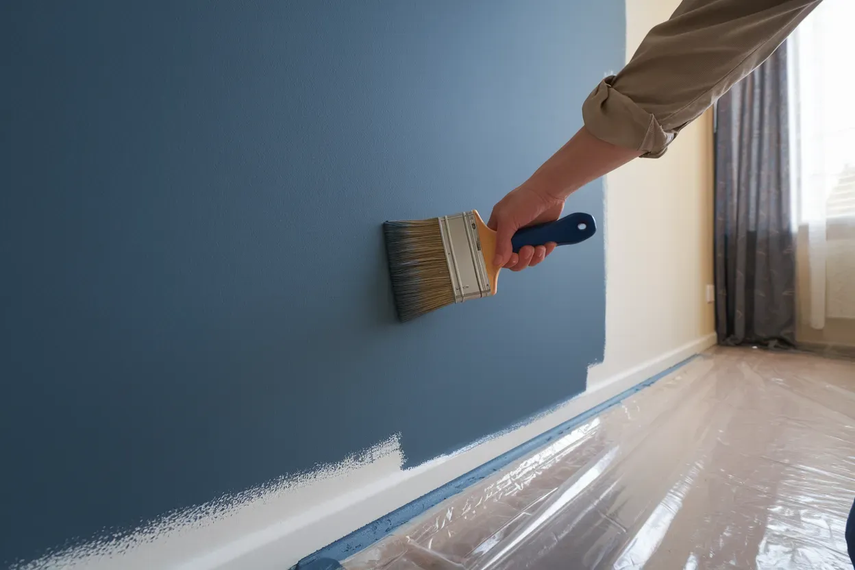 A person is painting a wall with a brush.