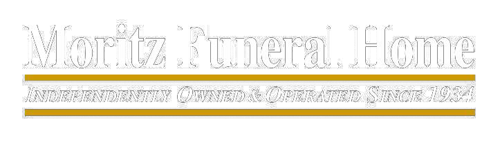 Moritz Funeral Home logo with gold lines and text.