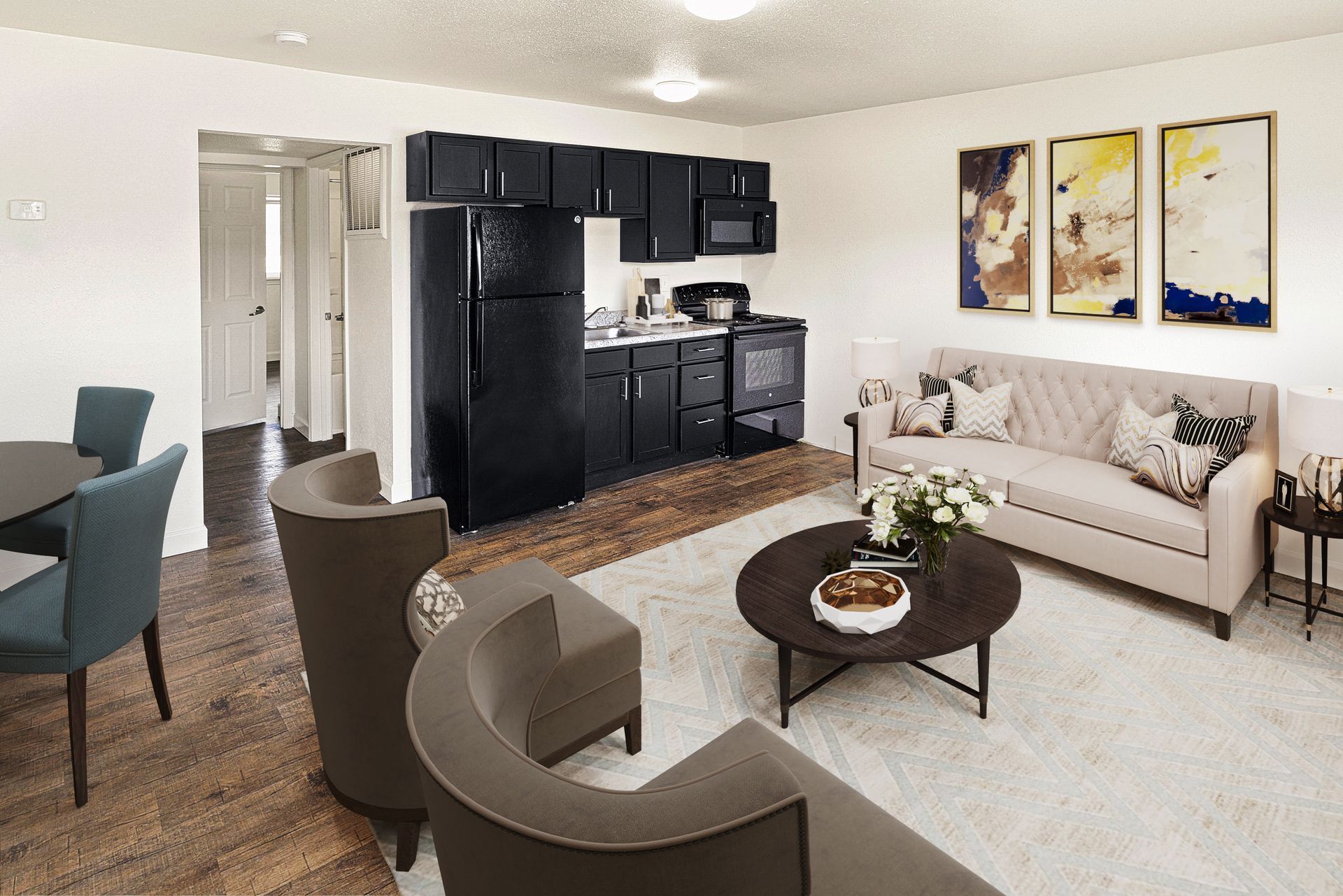 Updated kitchen with espresso cabinets and dining and living room