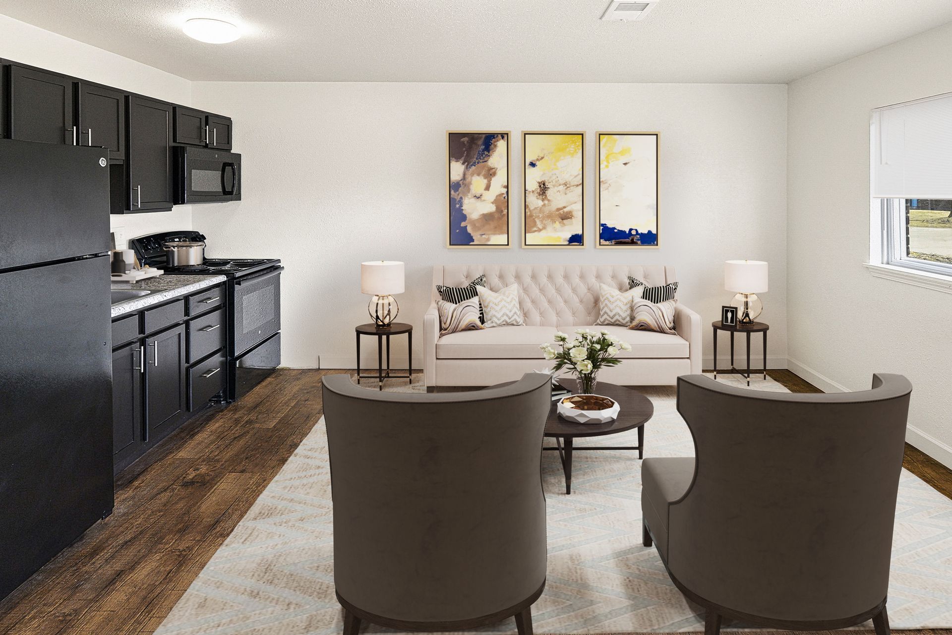 Updated kitchen with espresso cabinets and living room