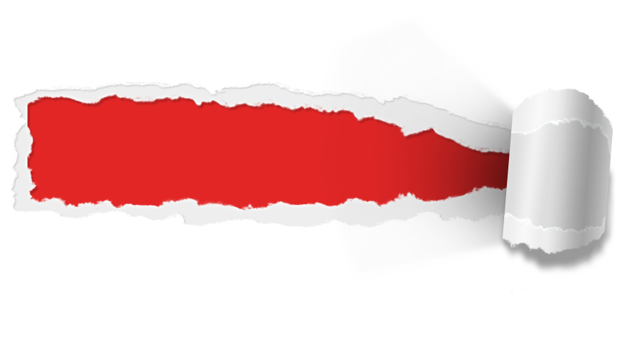 White paper torn to reveal red underneath, a curled edge on the right.