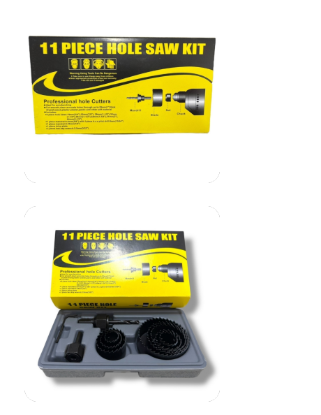 Una caja amarilla que dice kit de sierra de corona de 11 piezas