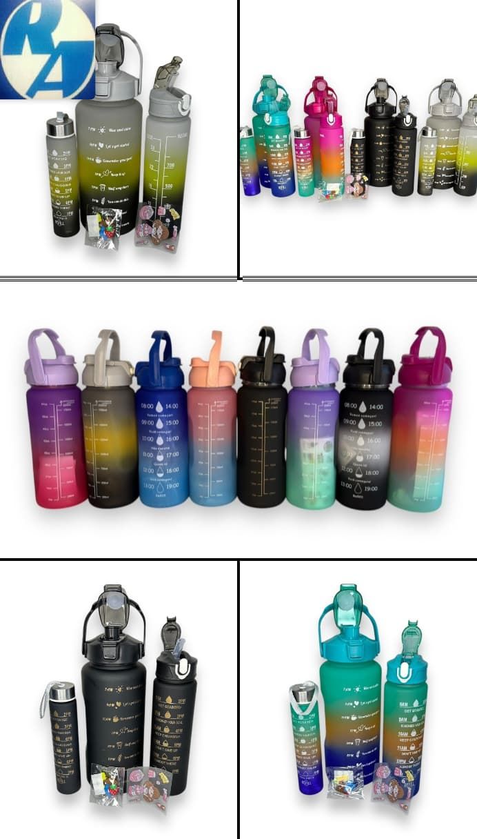 Una variedad de botellas de agua están alineadas en una fila sobre un fondo blanco.