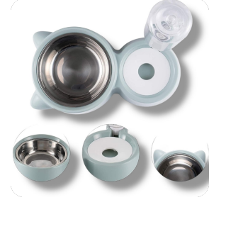 Una imagen de un cuenco para perros con un dispensador de agua adjunto.