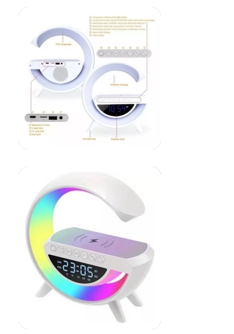 Un reloj blanco con una pantalla de color arcoíris muestra la hora como 23:52