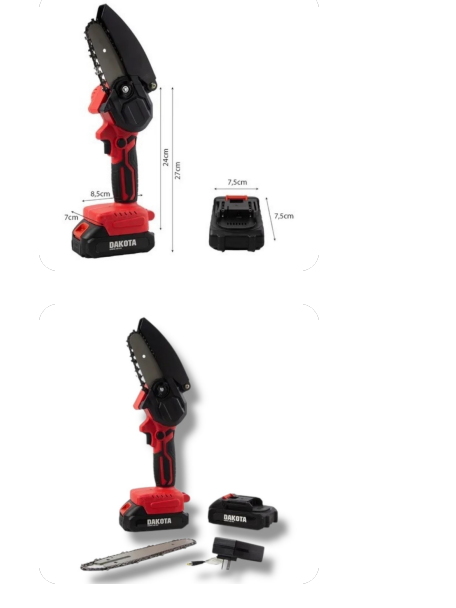 Una motosierra inalámbrica roja y negra con batería y cargador.
